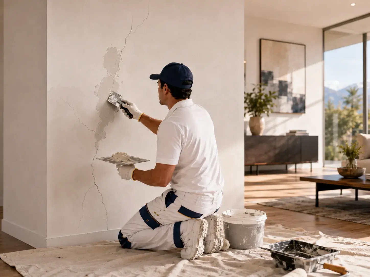 Pintor reparando grietas y fisuras superficiales antes de pintar un muro interior