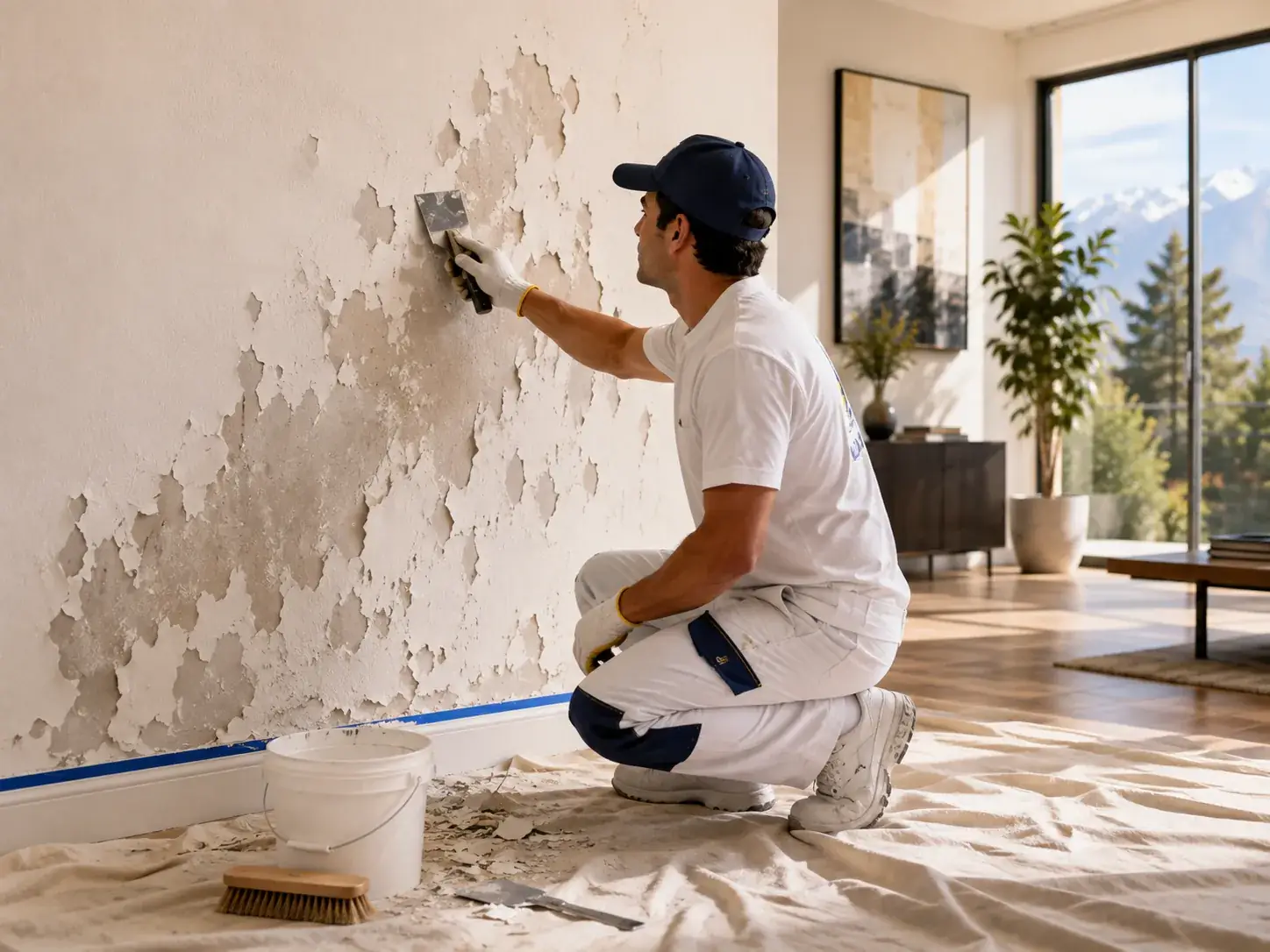 Pintor retirando pintura descascarada de un muro antes de volver a pintar