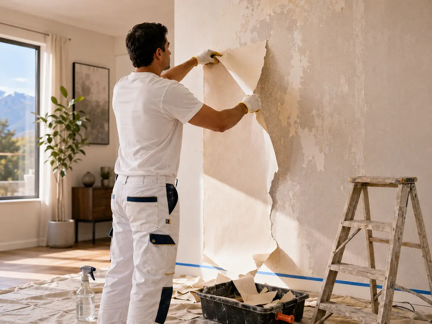 Pintor retirando papel mural de una pared para preparar la superficie antes de pintar