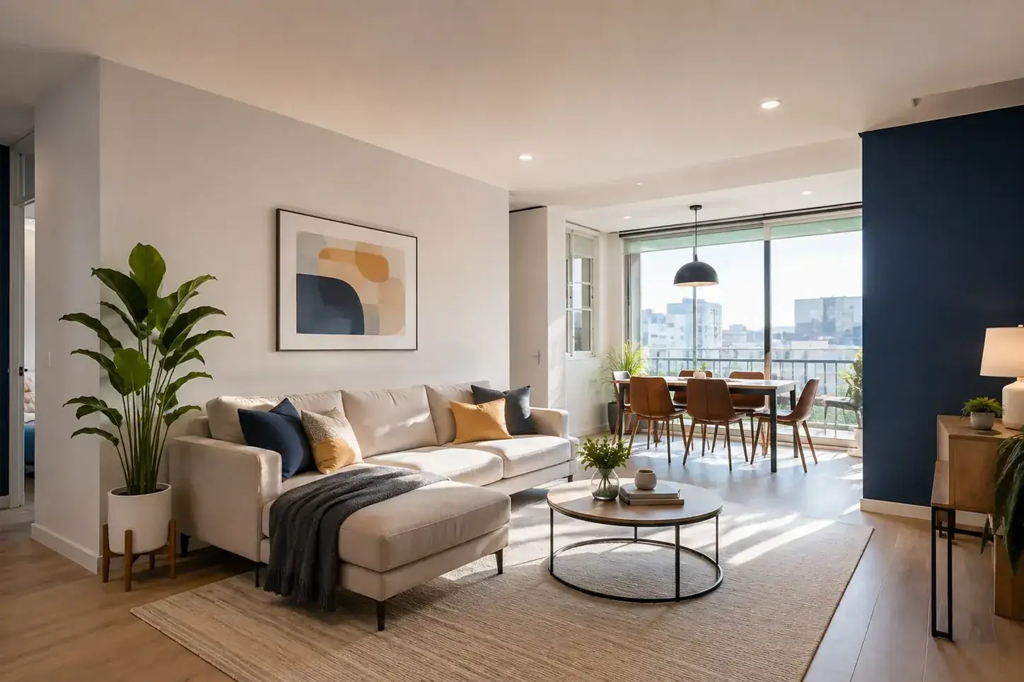 Living comedor terminado con paleta neutra y muro de acento