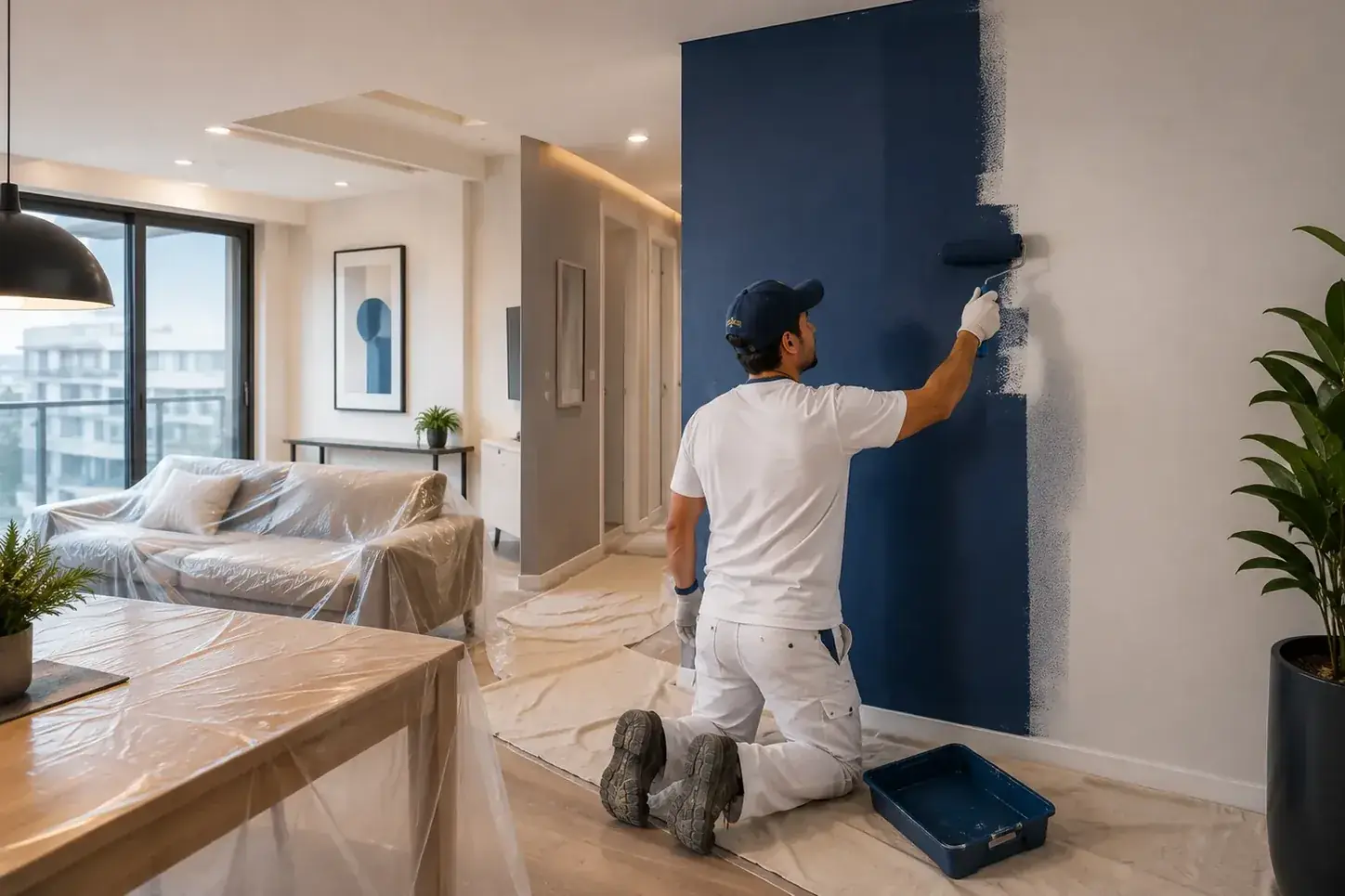 Pintor trabajando en un departamento con muebles protegidos y área ordenada