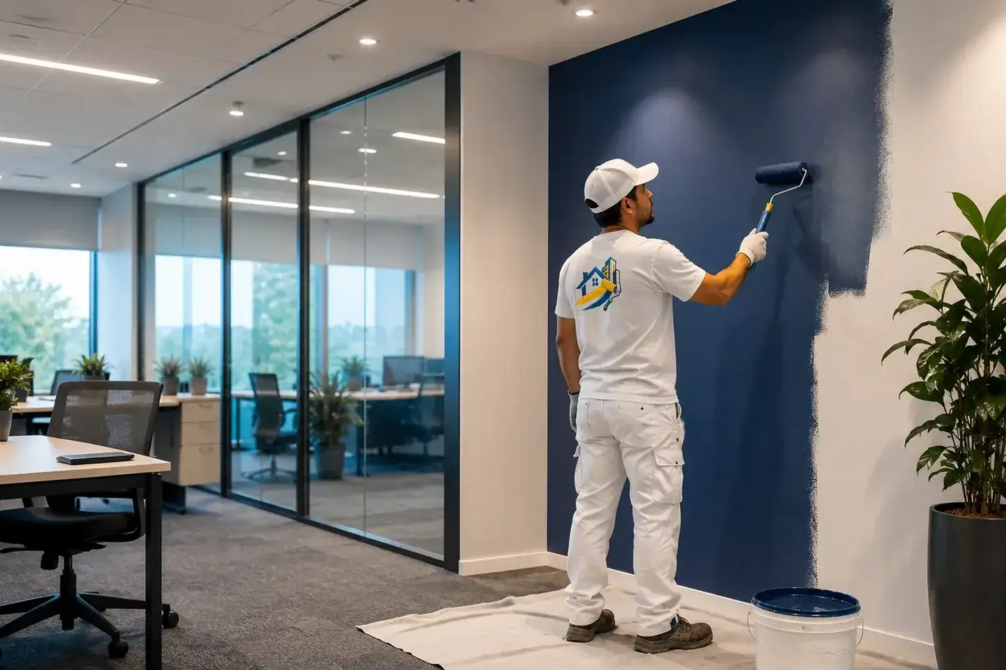 Pintor trabajando en una oficina moderna con áreas protegidas