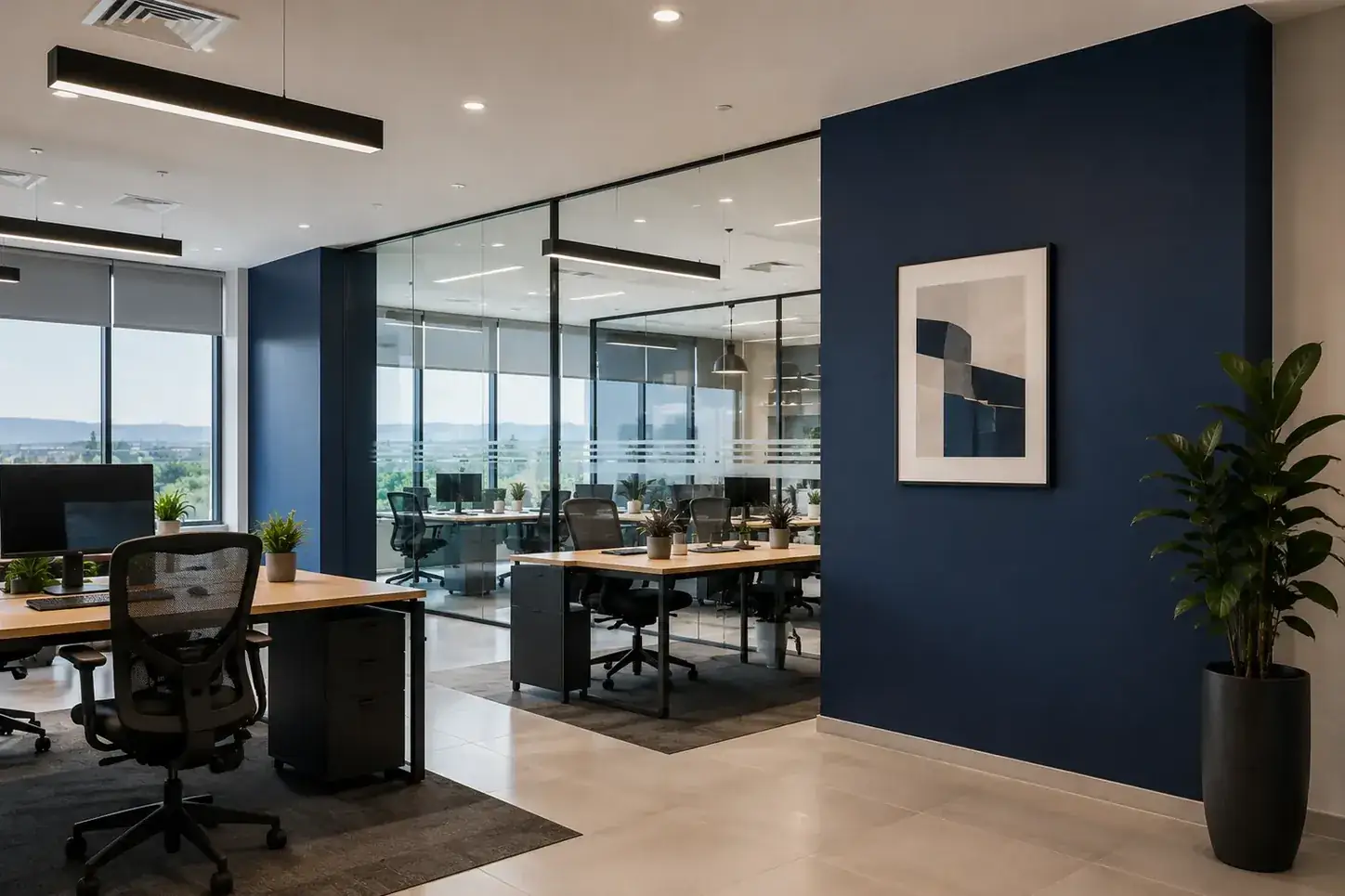Oficina moderna terminada con muros azules y neutros coordinados