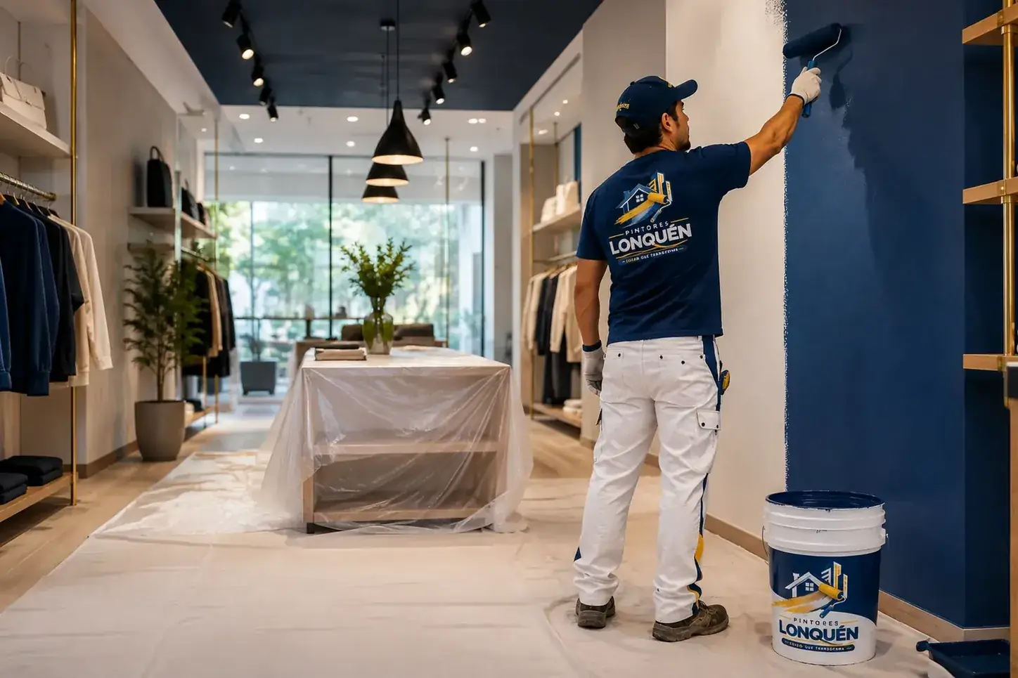 Pintor trabajando en un local comercial con mobiliario protegido