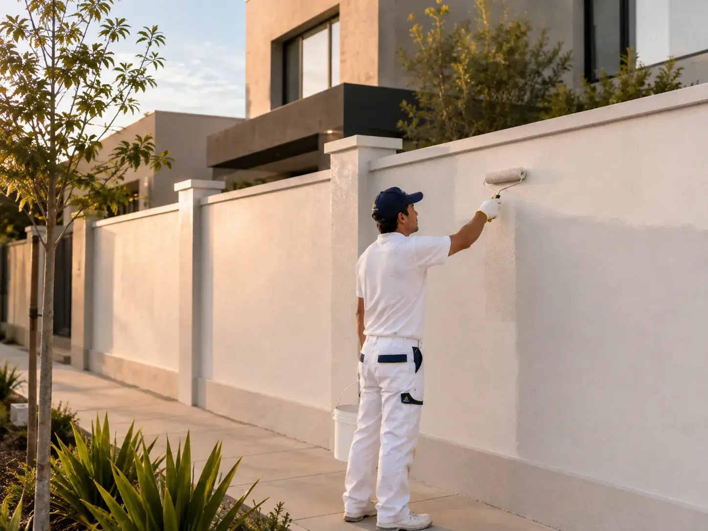 Pintor renovando un muro perimetral exterior con rodillo en una vivienda
