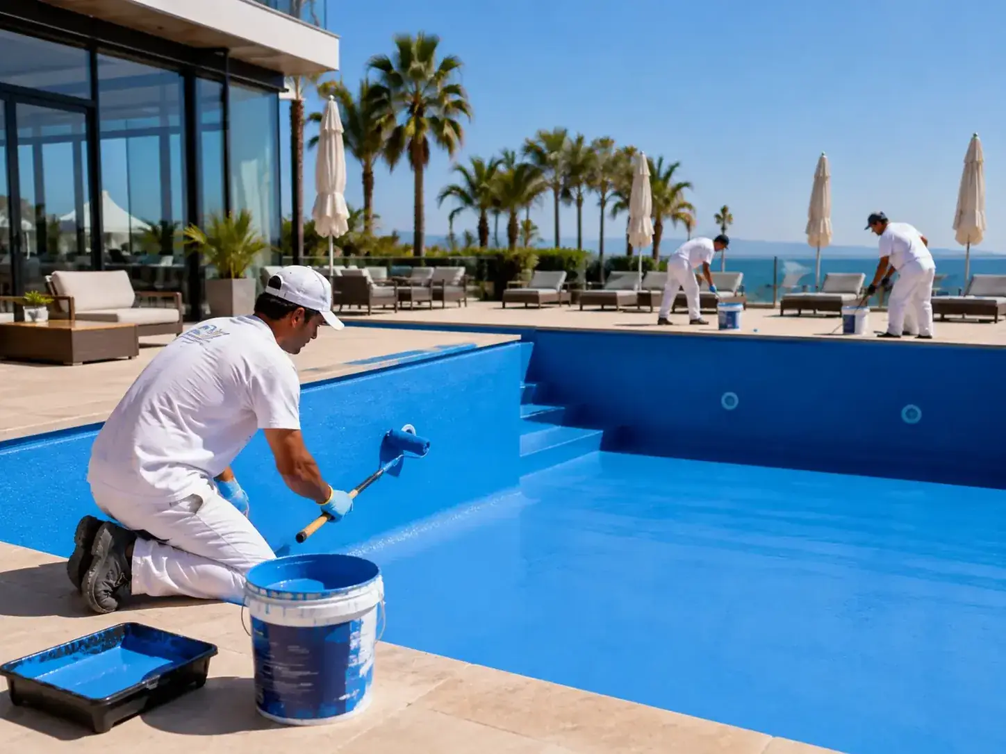 Equipo preparando una piscina vacía para revisar y renovar su revestimiento