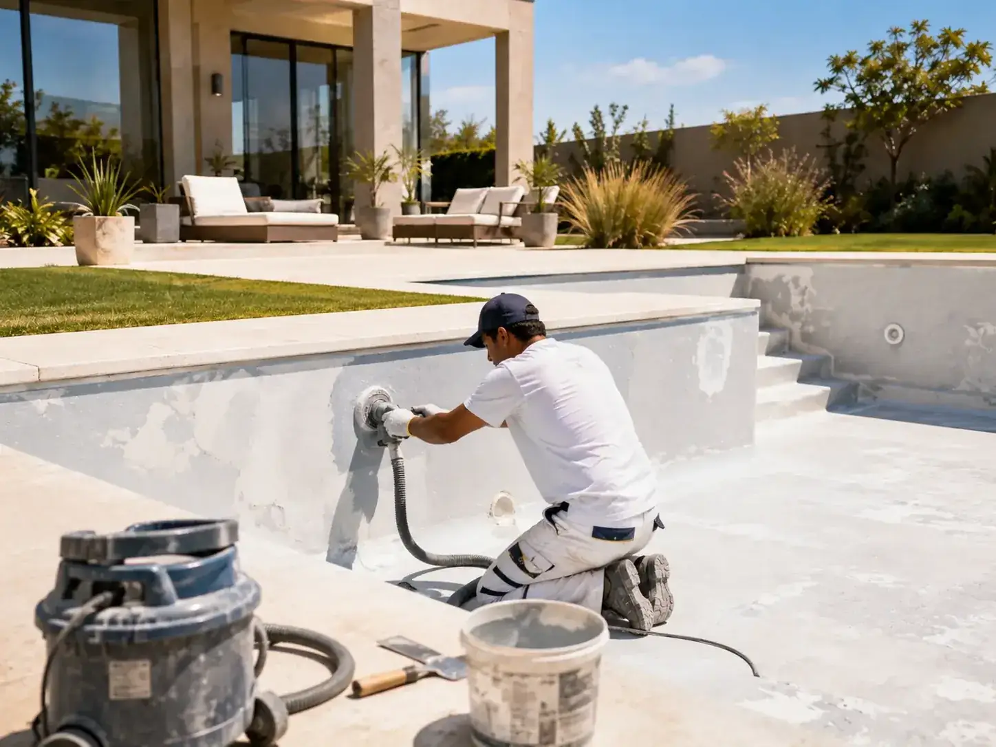 Preparación mecánica del interior de una piscina de hormigón antes de pintarla