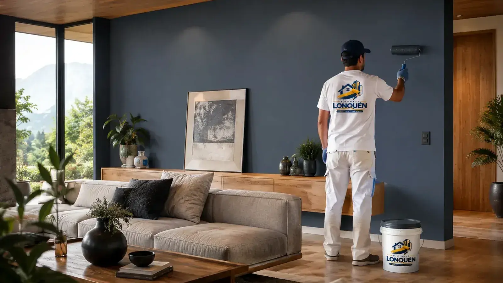 Living contemporáneo con combinación de azul profundo y amarillo cálido