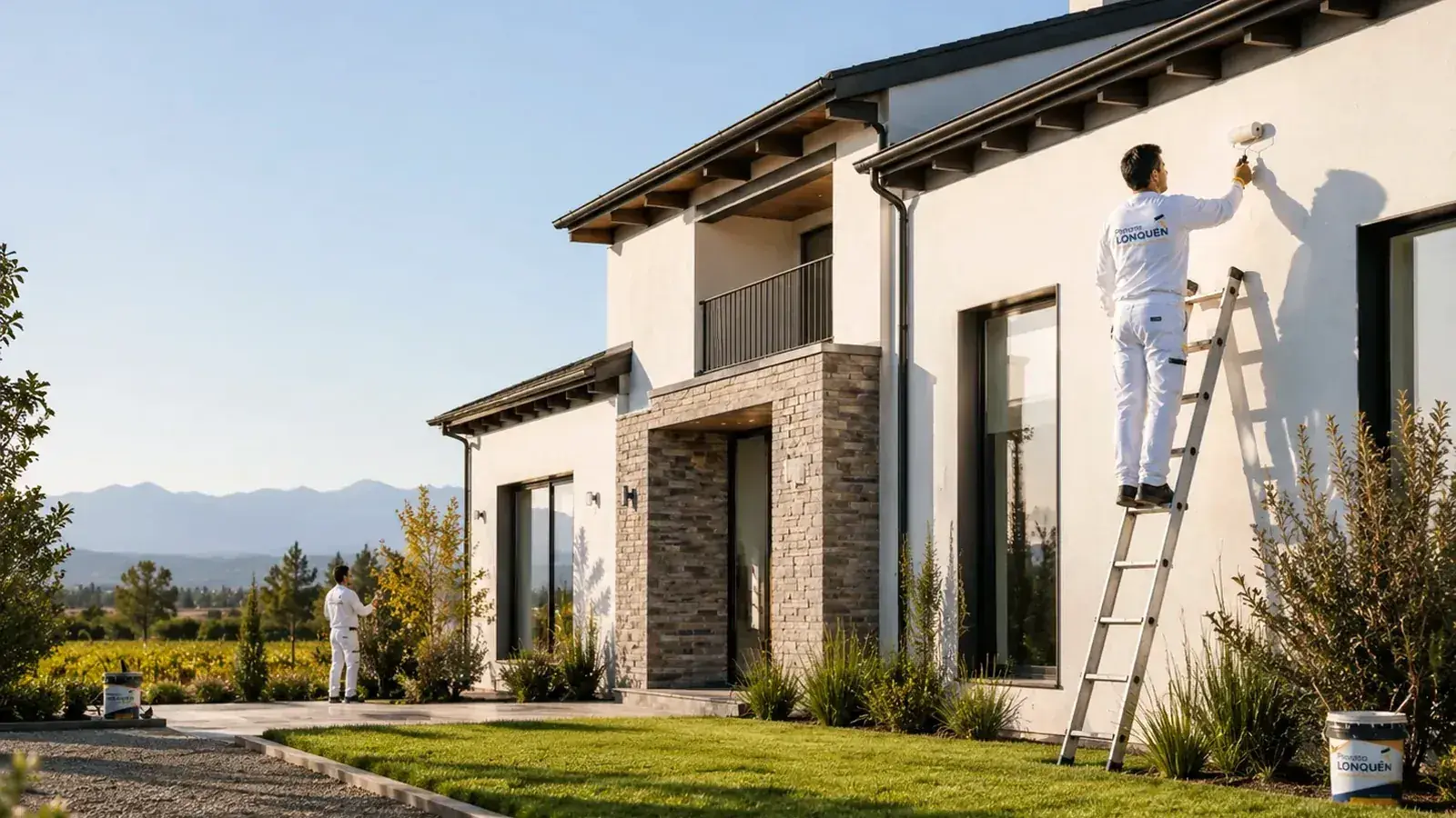 Casa moderna con terminaciones de pintura exterior y paisajismo