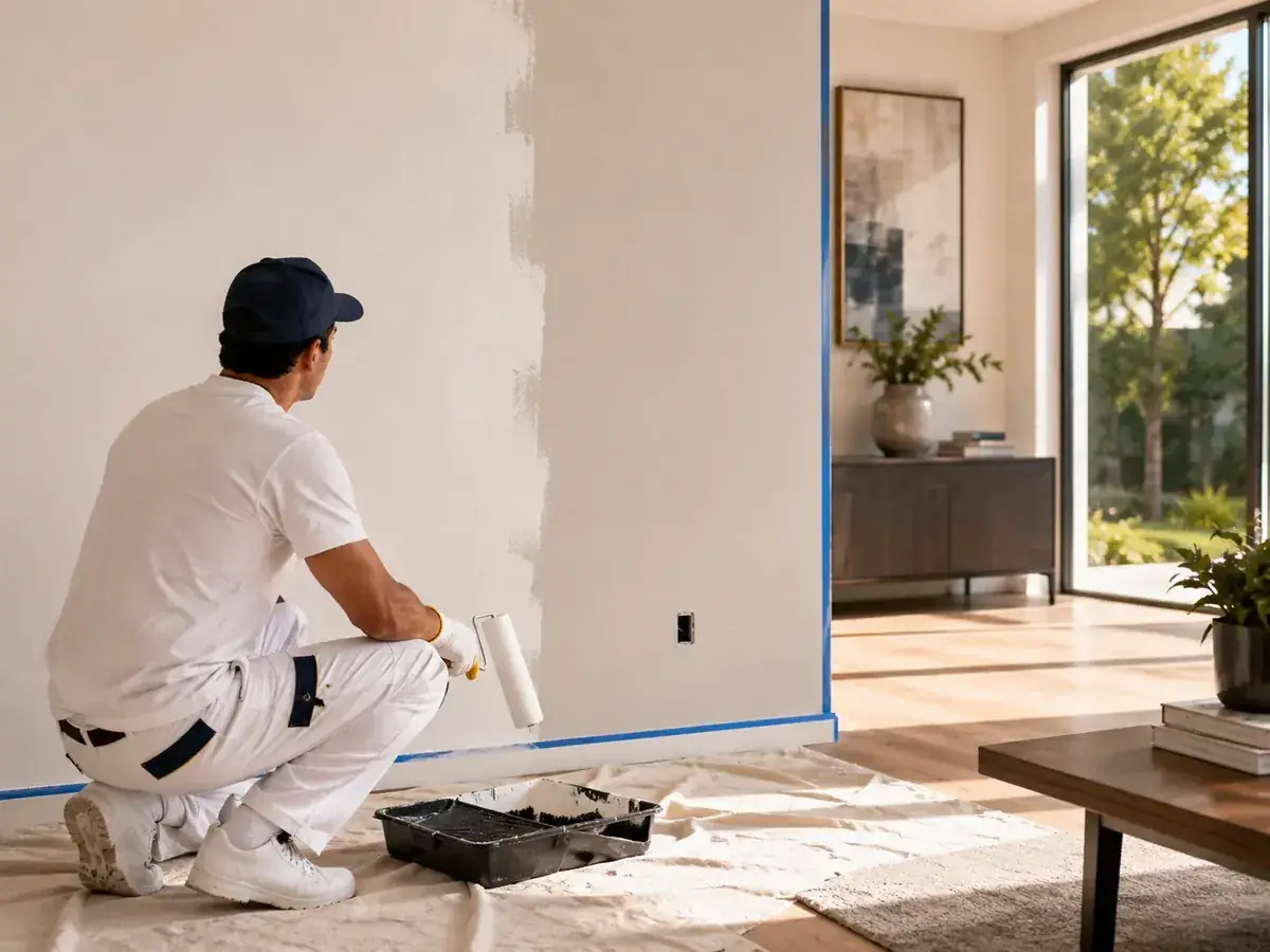 Pintor esperando el secado de una primera mano antes de continuar la aplicación