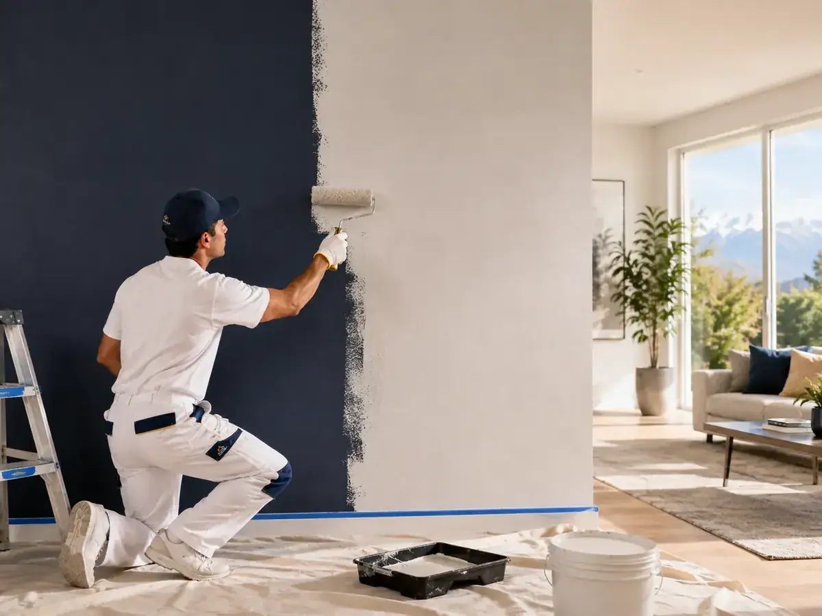 Pintor cubriendo un muro azul oscuro con pintura clara de manera uniforme