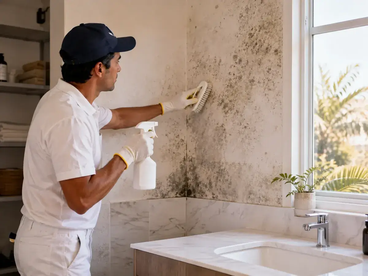 Limpieza de hongos y manchas en un muro antes de su reparación y pintura