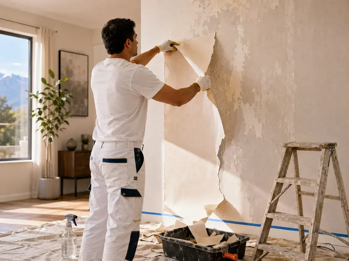 Pintor retirando papel mural de una pared para preparar la superficie antes de pintar
