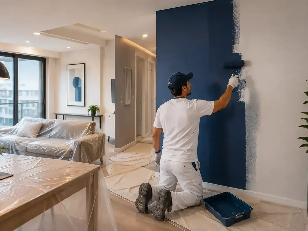 Pintor trabajando en un departamento con muebles protegidos y área ordenada