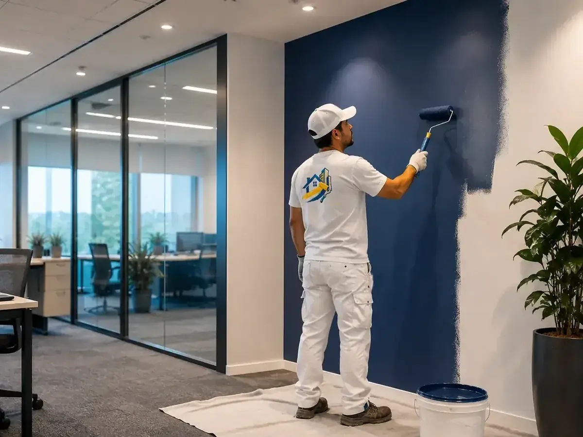 Pintor trabajando en una oficina moderna con áreas protegidas
