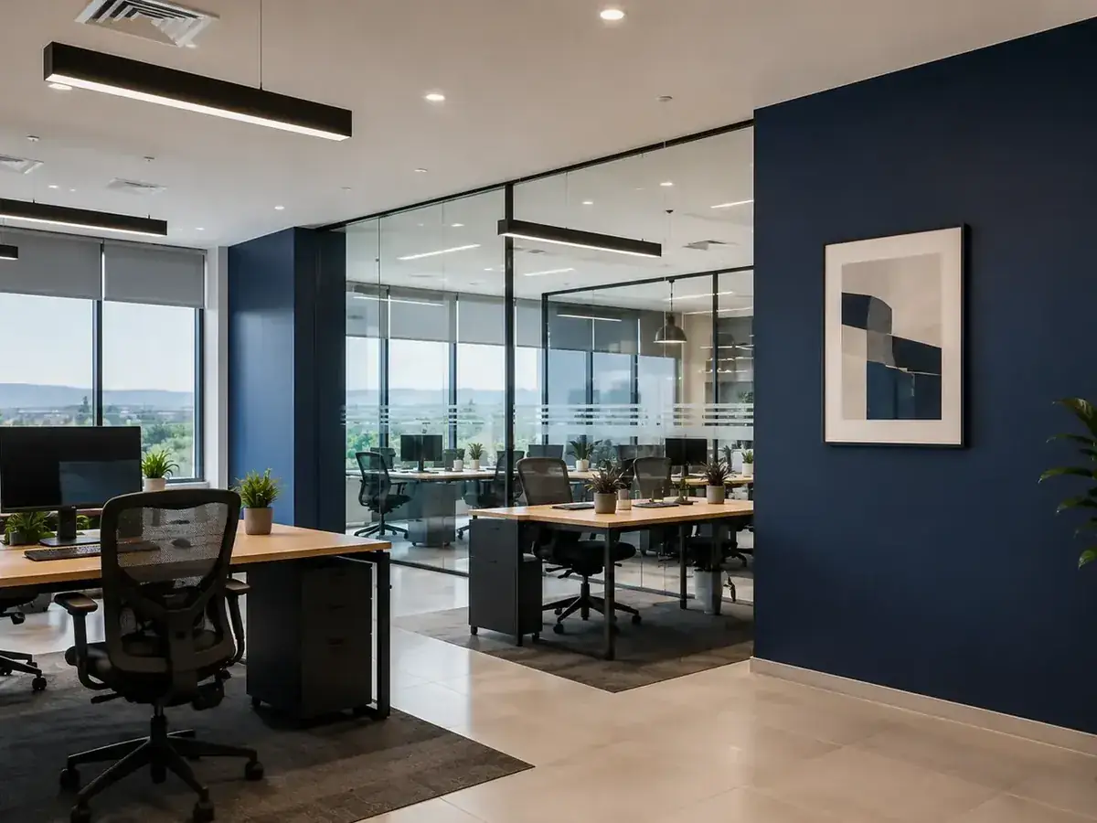Oficina moderna terminada con muros azules y neutros coordinados
