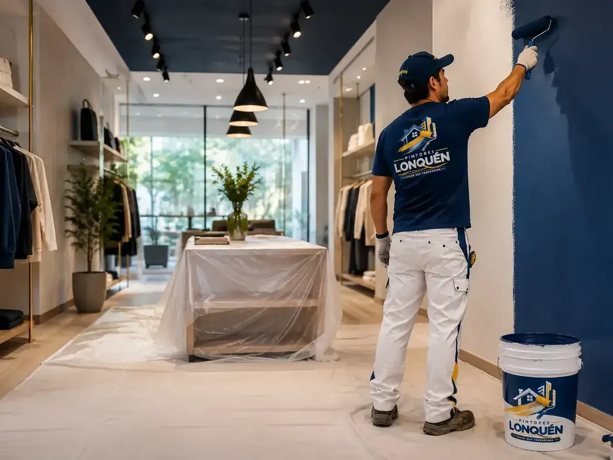 Pintor trabajando en un local comercial con mobiliario protegido