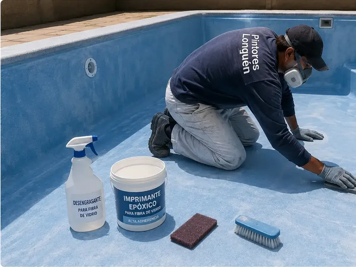 Preparación y lijado de una piscina de fibra de vidrio antes de aplicar el nuevo revestimiento