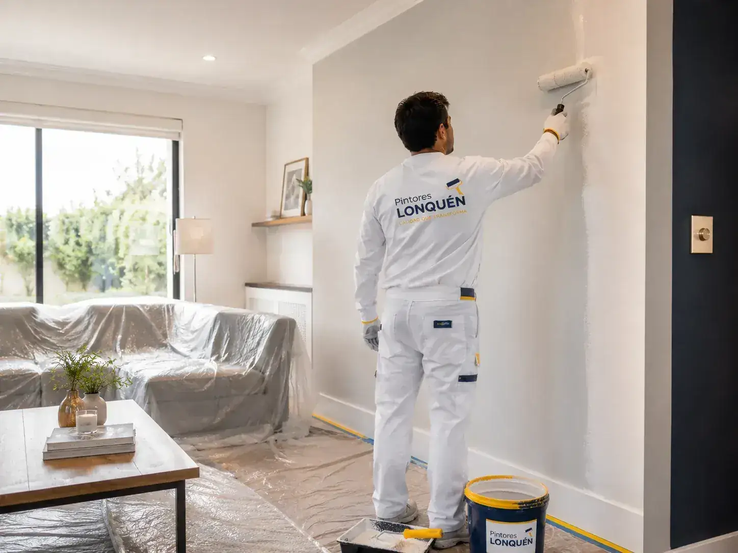 Pintores renovando un departamento moderno con terminaciones limpias