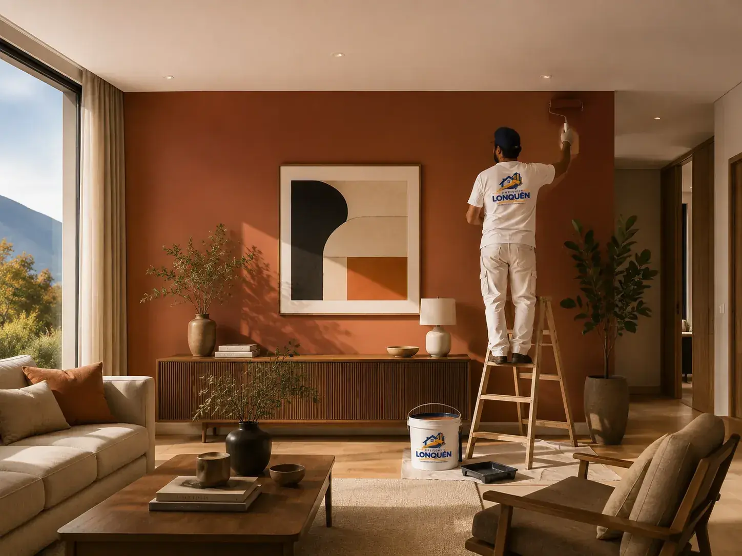 Living elegante con muro terracota y muebles en tonos naturales