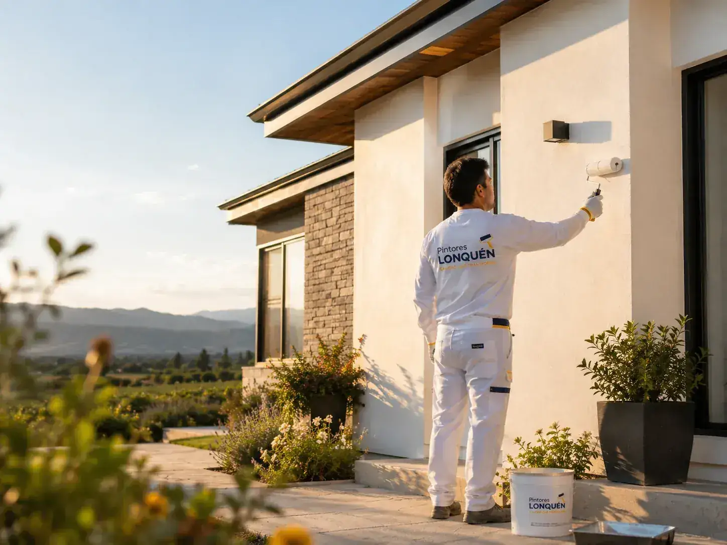 Pintor renovando una fachada moderna al atardecer con terminación exterior cuidada