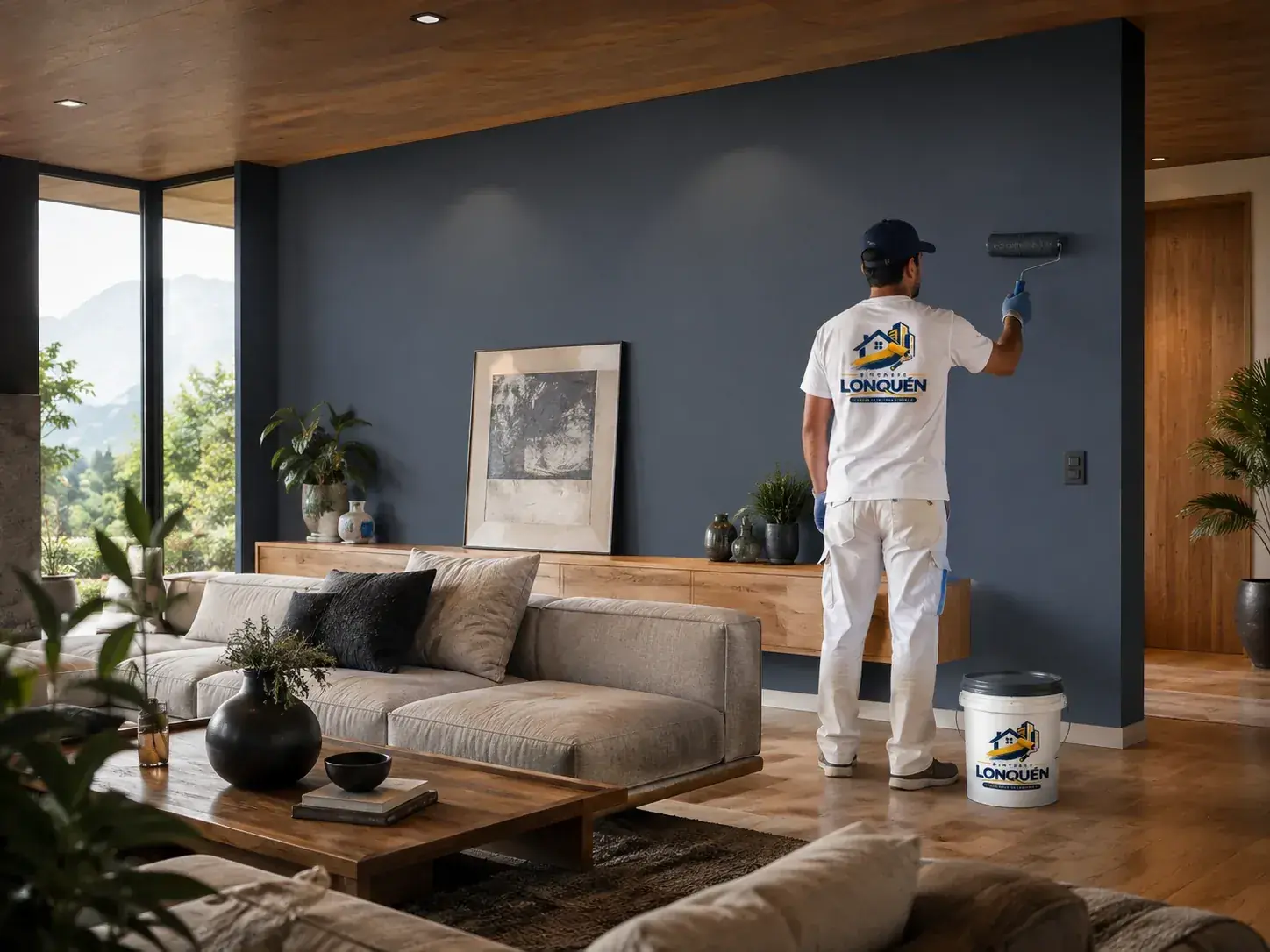 Living contemporáneo con muro azul petróleo