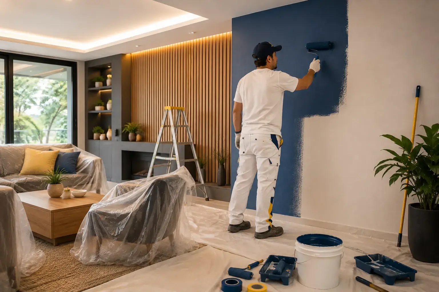 Pintor trabajando en el interior de una casa con muebles protegidos durante el proceso de pintura