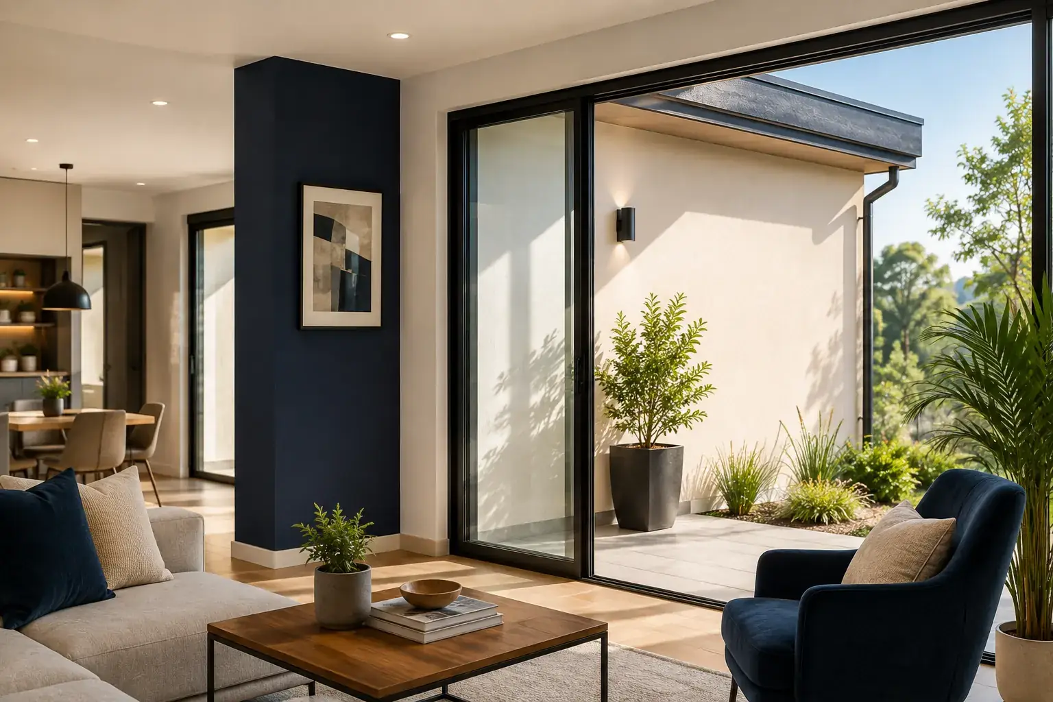 Living de casa moderna terminado con muros en tonos claros y azul profundo