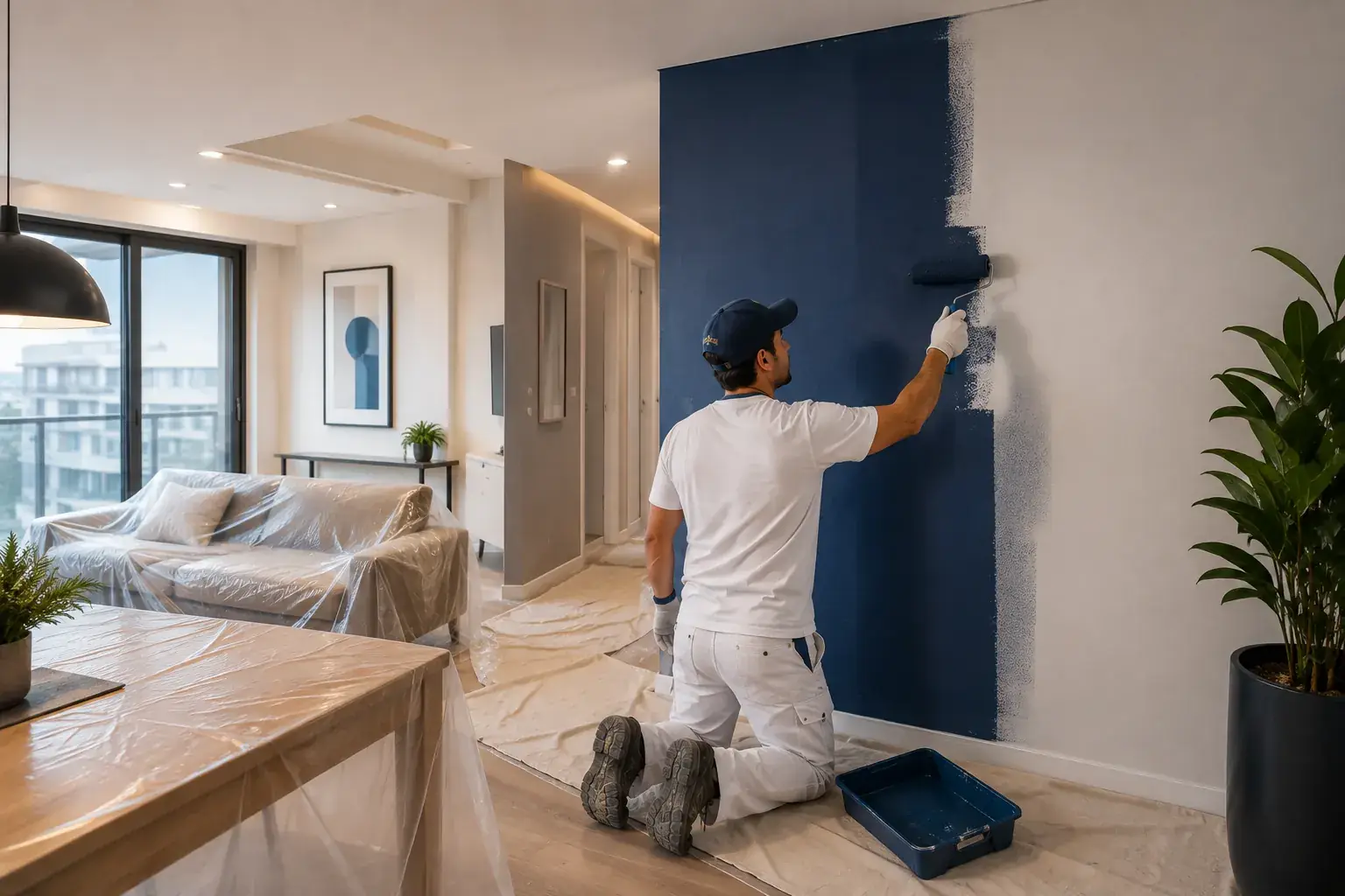 Pintor aplicando color azul en muro de departamento con muebles protegidos