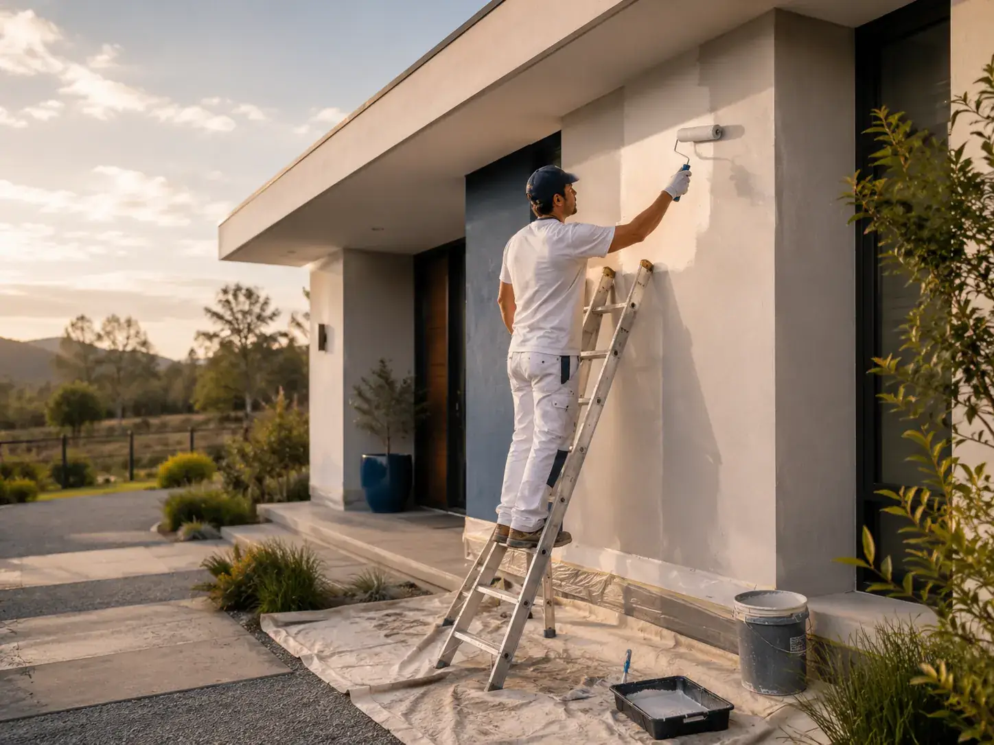 Maestro pintor aplicando pintura en fachada exterior de una casa moderna
