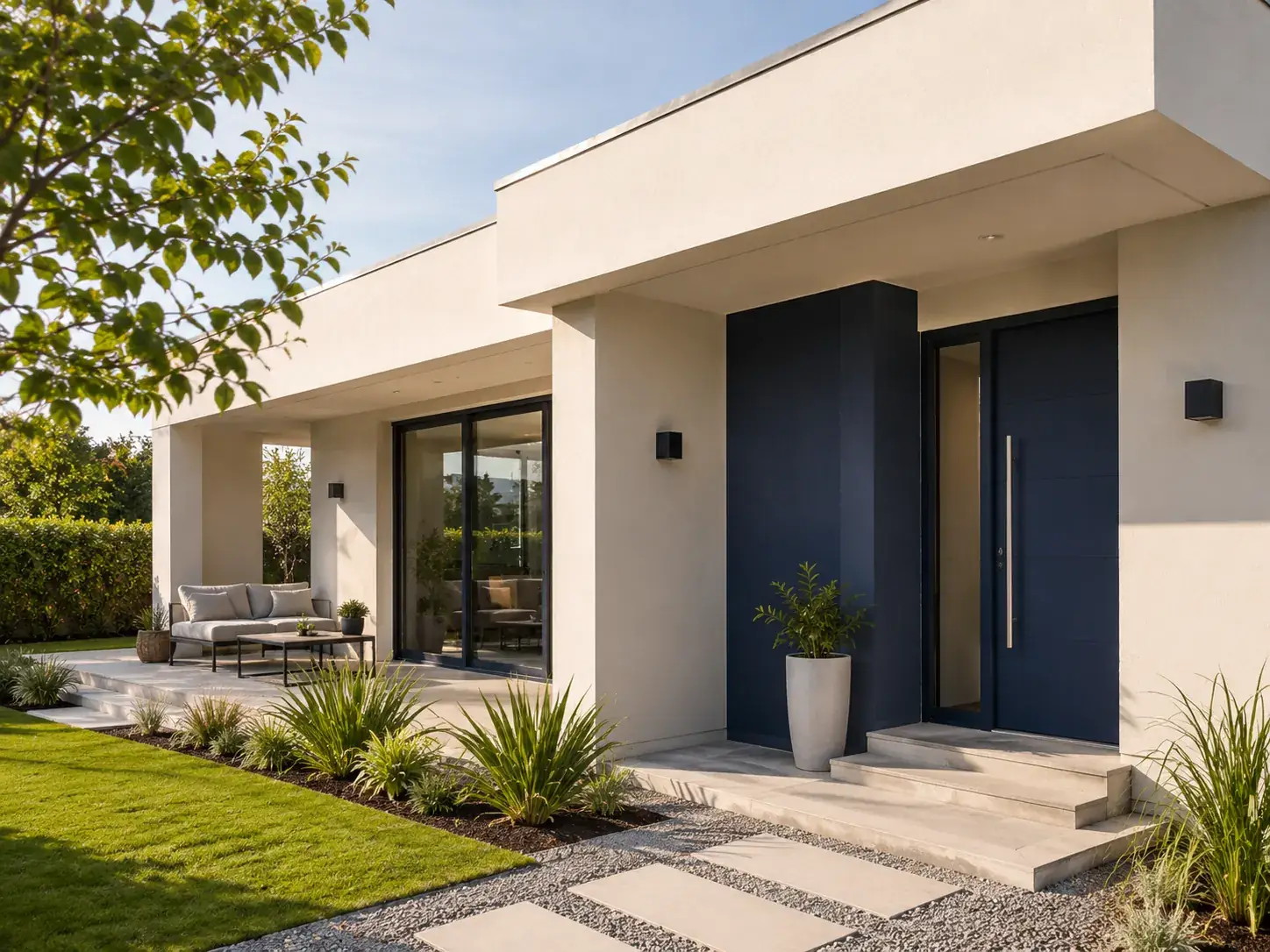 Casa moderna con fachada exterior terminada en tonos claros y azul oscuro