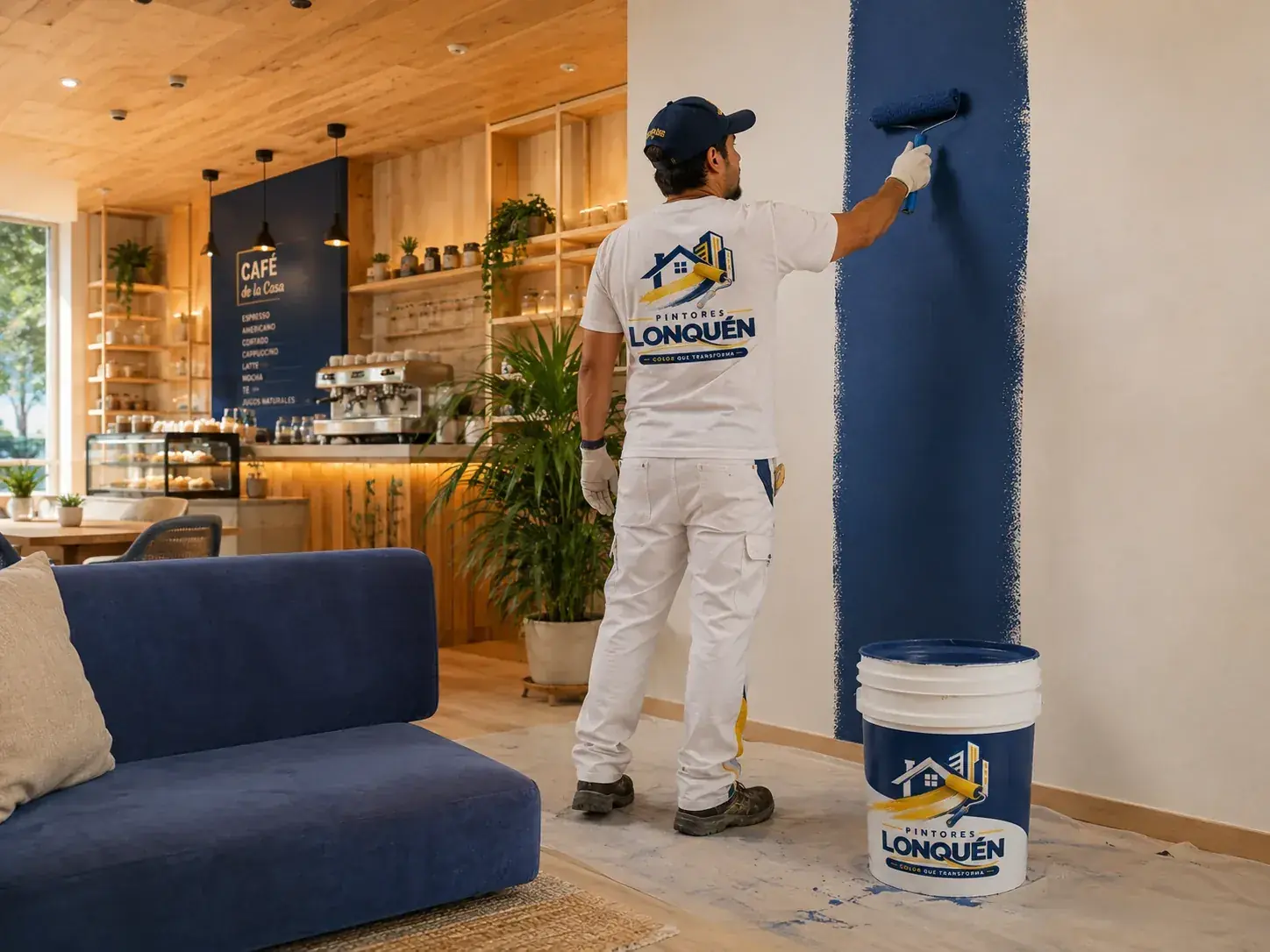 Cafetería contemporánea con pintura azul y detalles de madera