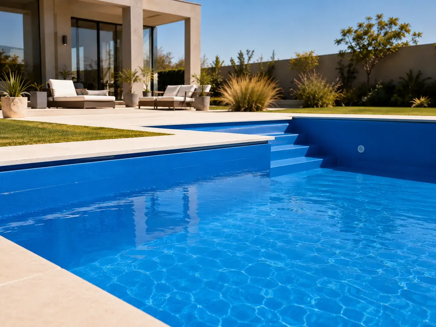 Piscina de fibra de vidrio renovada con terminación azul uniforme