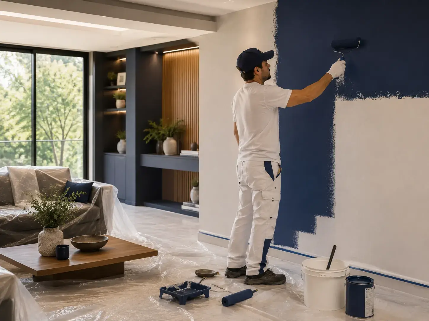 Maestro pintor aplicando pintura azul en un living moderno con superficies protegidas