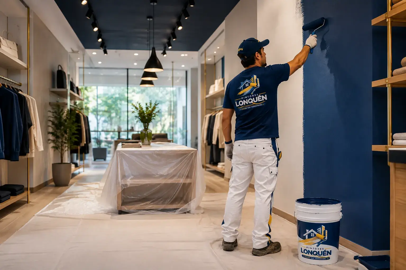 Pintor aplicando color azul en muro de local comercial con mobiliario protegido
