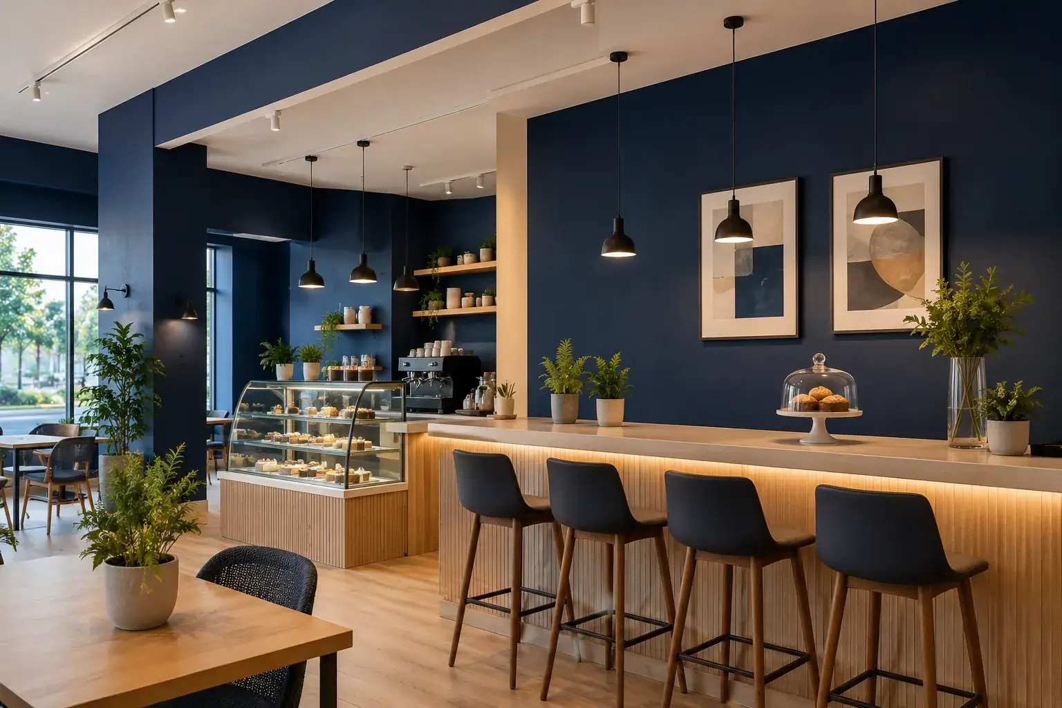 Cafetería moderna terminada con muros azul marino y mobiliario de madera