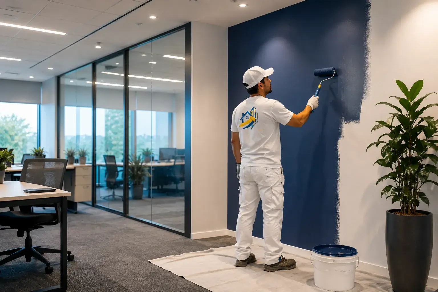 Pintor renovando un muro azul en una oficina moderna con áreas protegidas