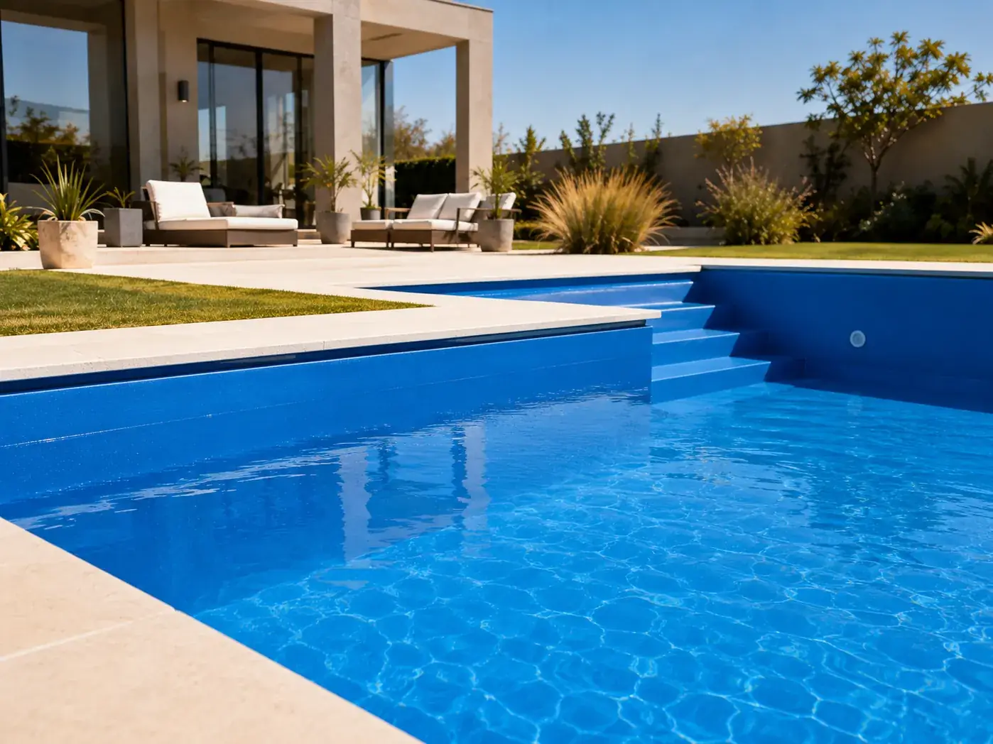 Piscina de fibra de vidrio renovada con terminación azul uniforme