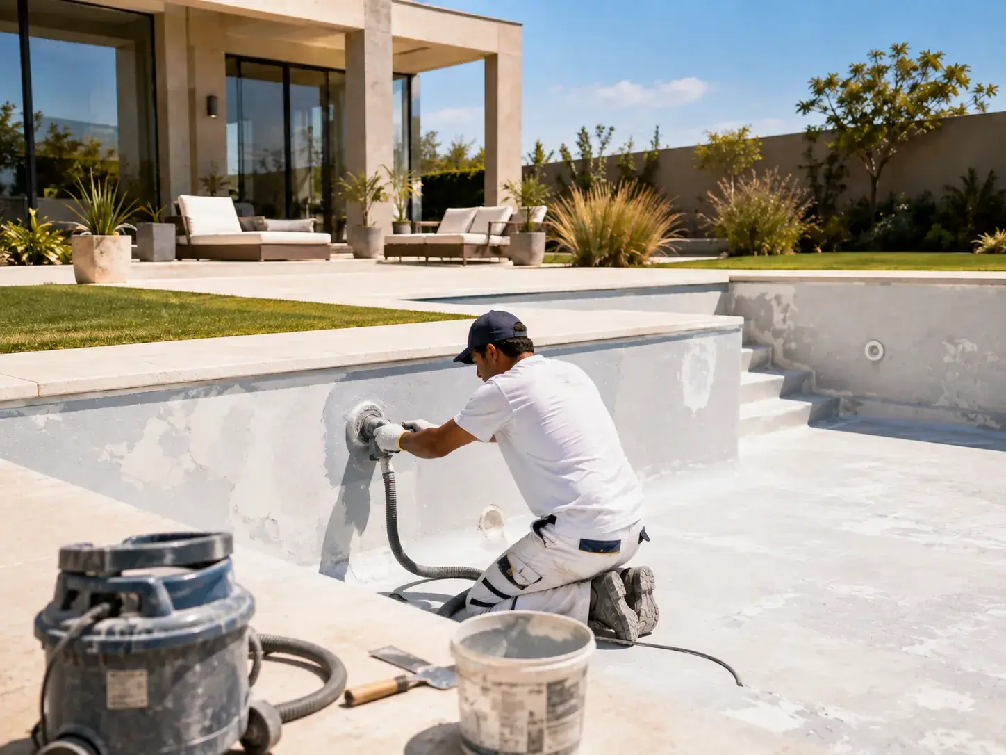 Pintor aplicando revestimiento azul en una piscina de hormigón