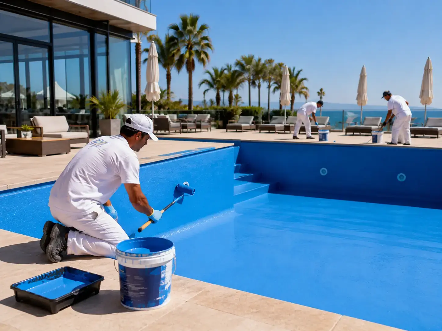 Equipo preparando una piscina de fibra de vidrio antes de pintarla