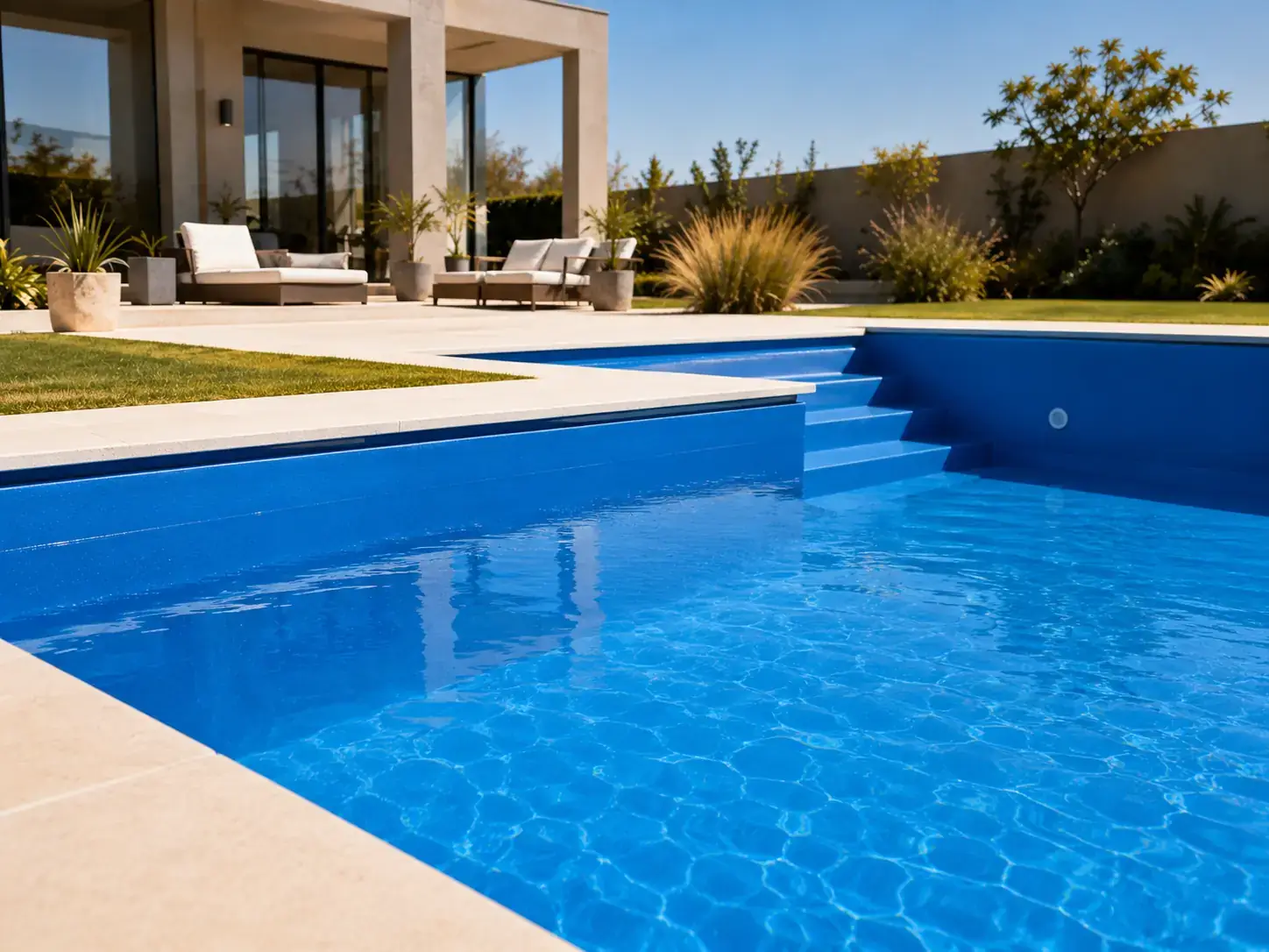 Piscina de hormigón renovada con terminación azul