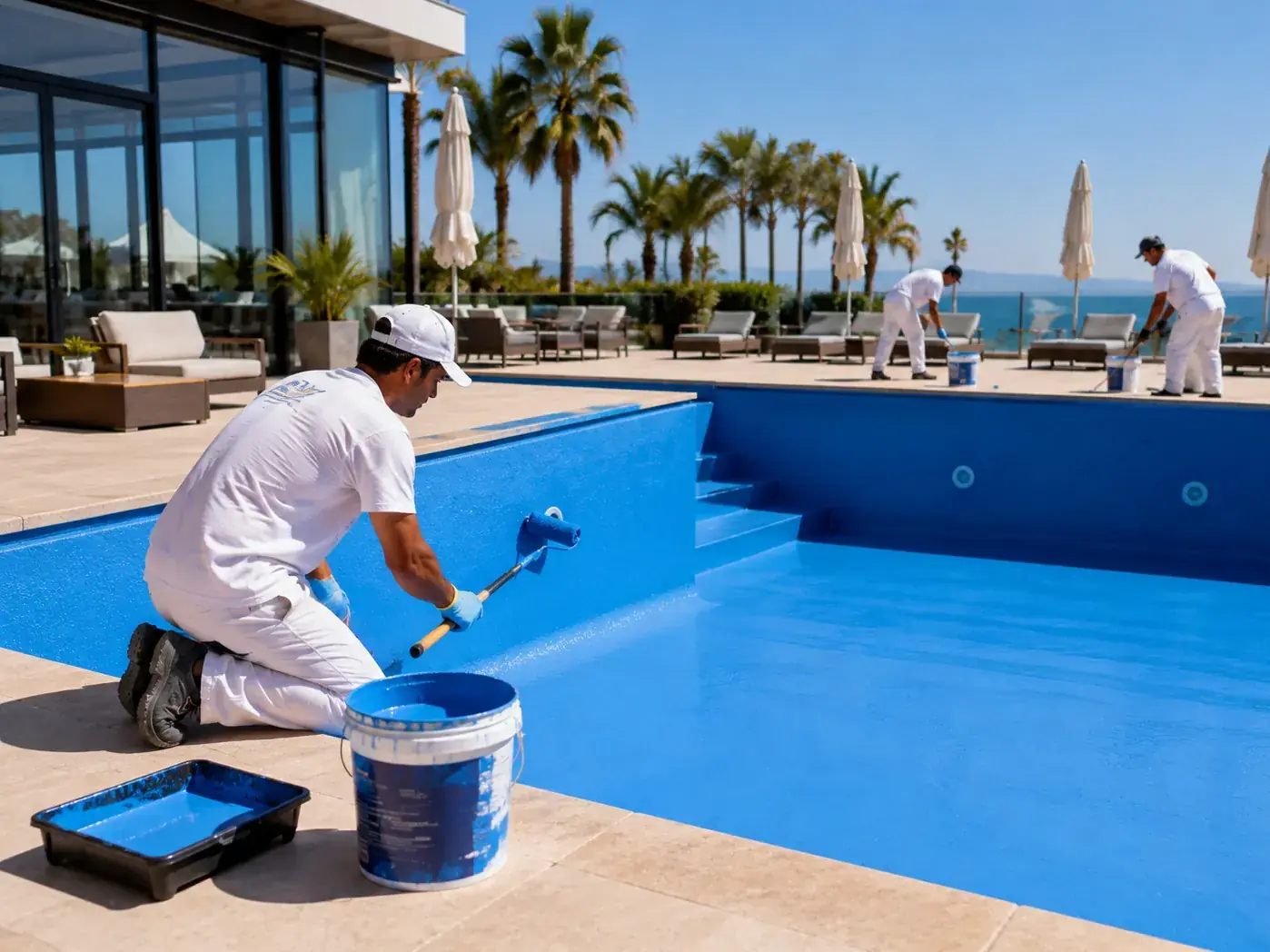 Referencia visual de una piscina de hormigón siendo pintada