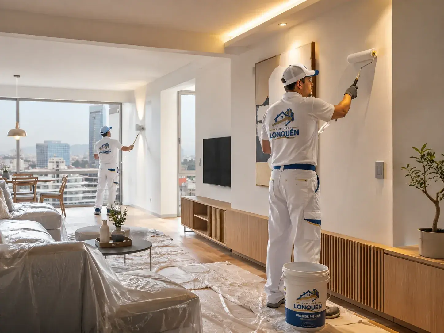 Pintores renovando un salón moderno dentro de un departamento con terminaciones cálidas