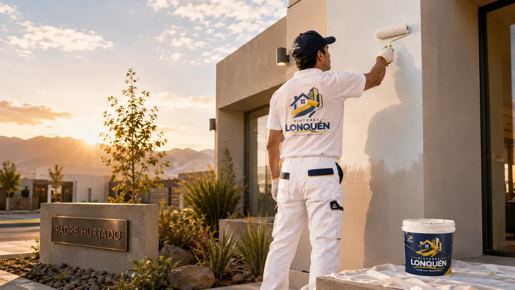 Pintor renovando una fachada moderna con terminación exterior cuidada