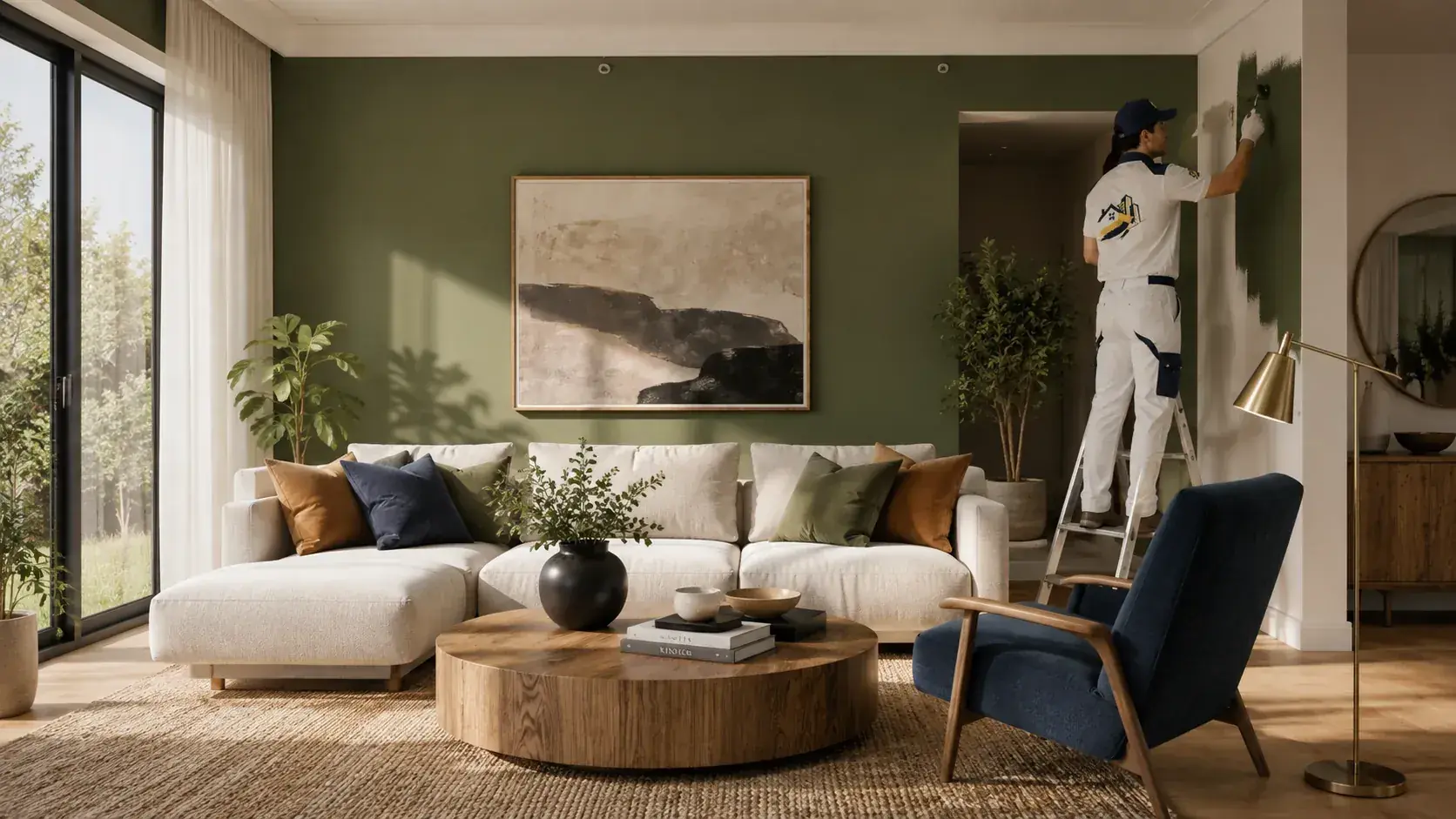 Dormitorio elegante con muro verde oliva y decoración contemporánea