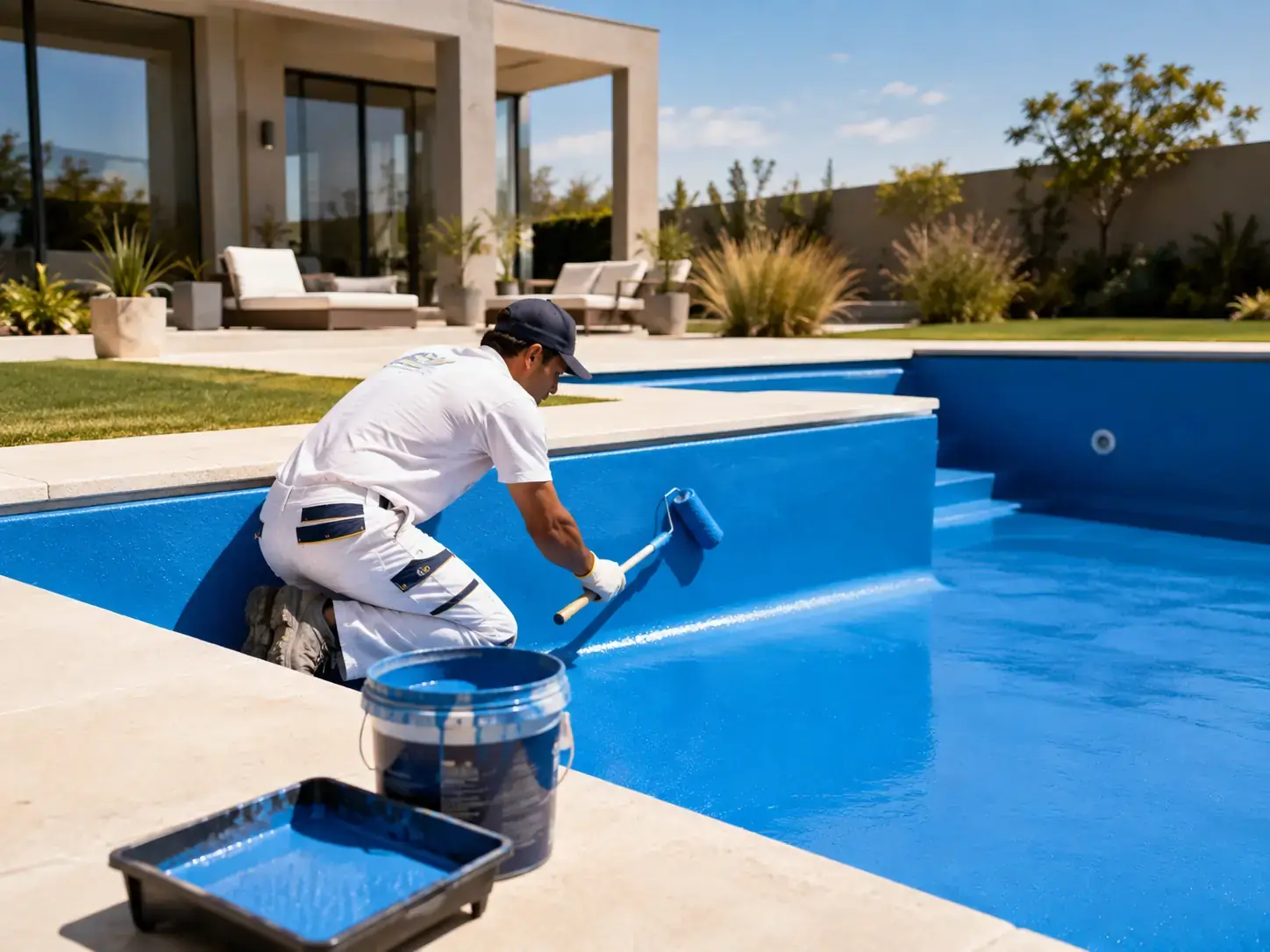 Pintor aplicando revestimiento azul en una piscina residencial